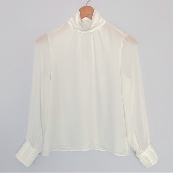 Modern Chic Flowy Mock Neck Cuff Long Sleeve Blouse Shirt Top in White (EUR 32P) - Picture 2 of 6